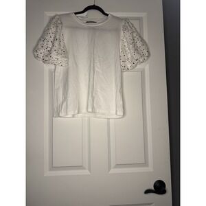 Blue B Puff Sequin Sleeve T Shirt Top White W Multicolor Large